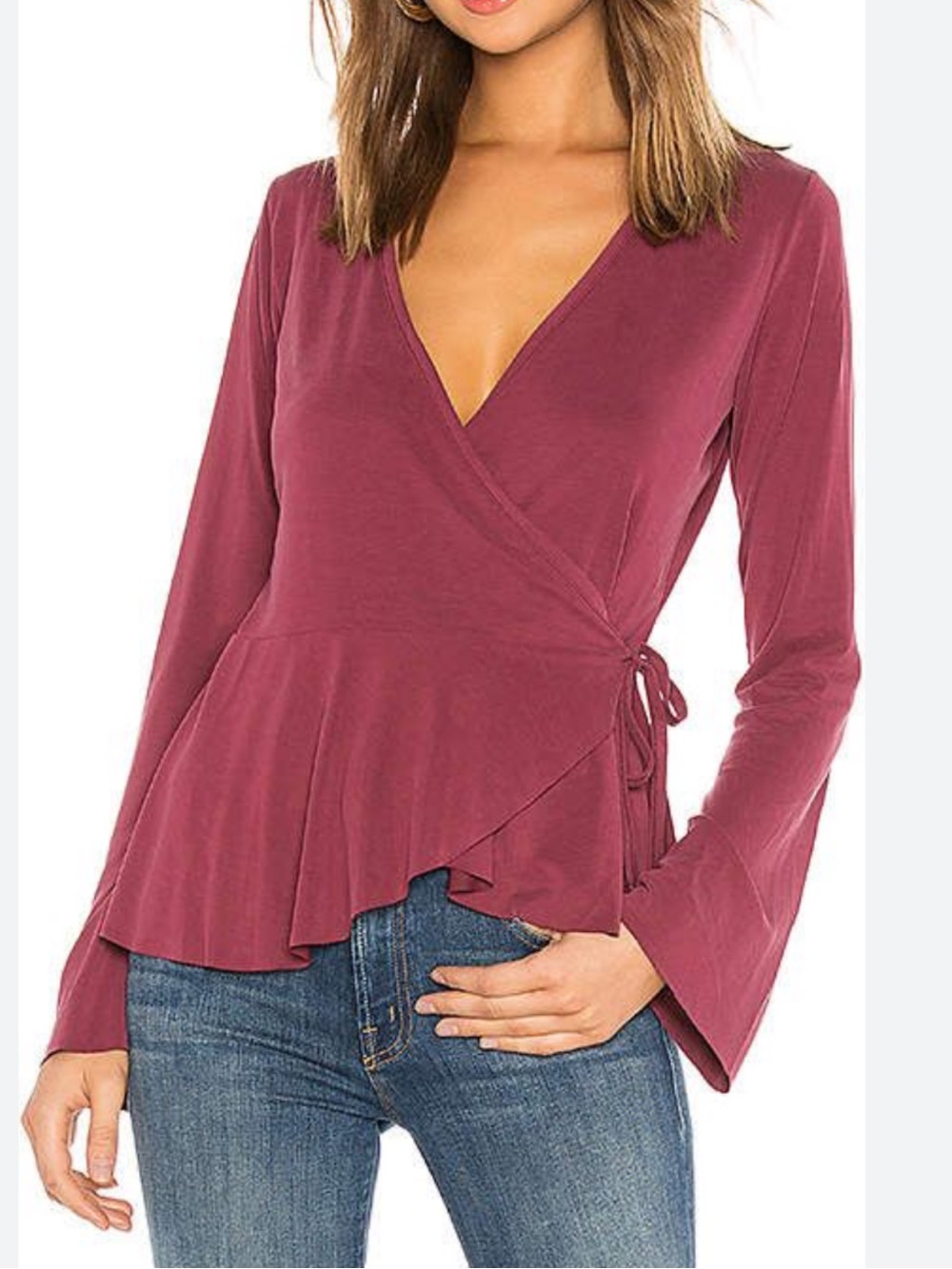 bobi Wrap-Front Peplum Top in Wine